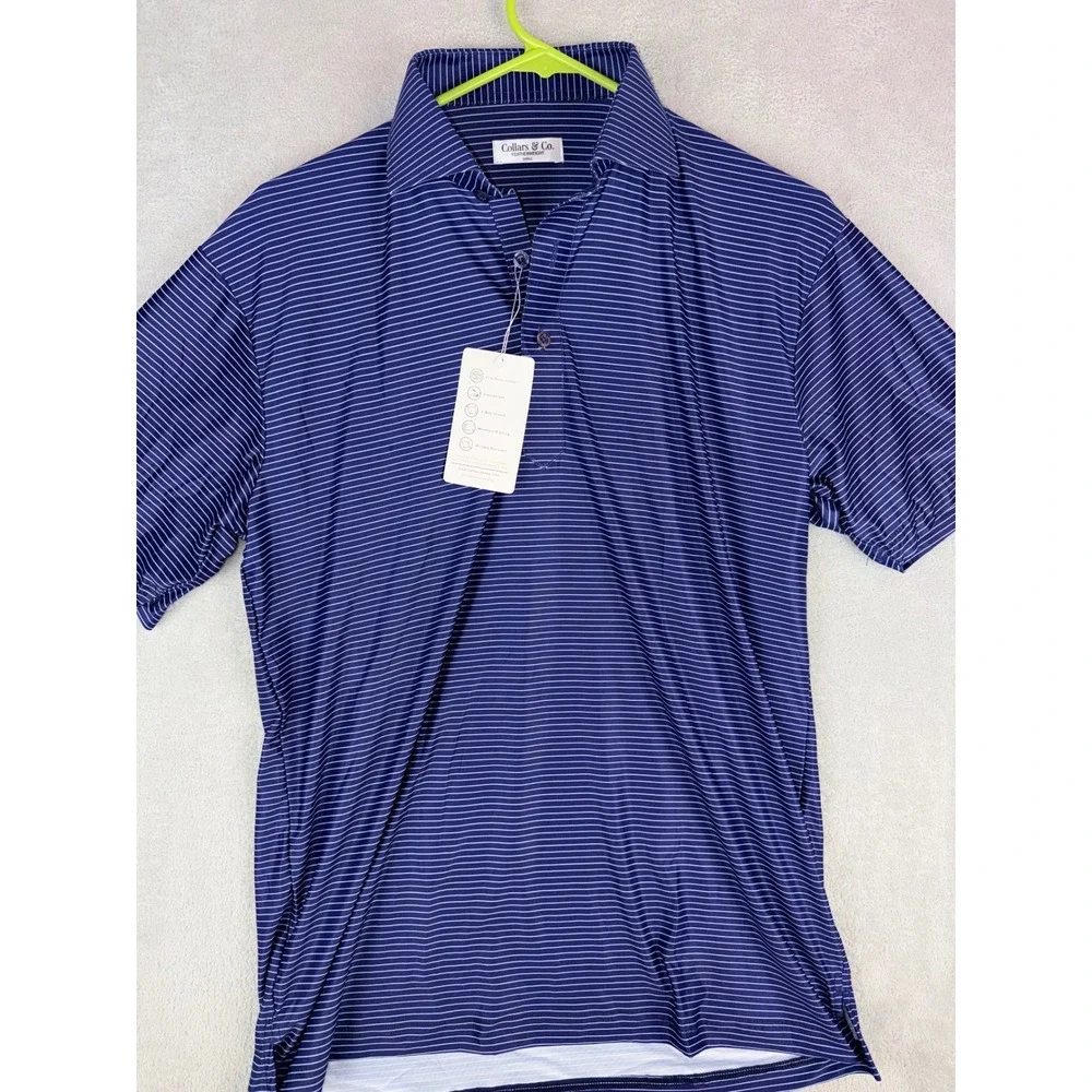 Collars & Co Featherweight Men's Navy White‎ Stripe Polo Shirt Size Small NWT